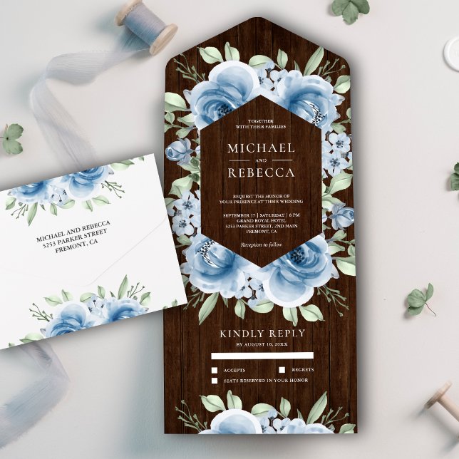 Modern Dusty Blue Floral Bouquet Barn Wood Wedding All In One Invitation (Creator Uploaded)