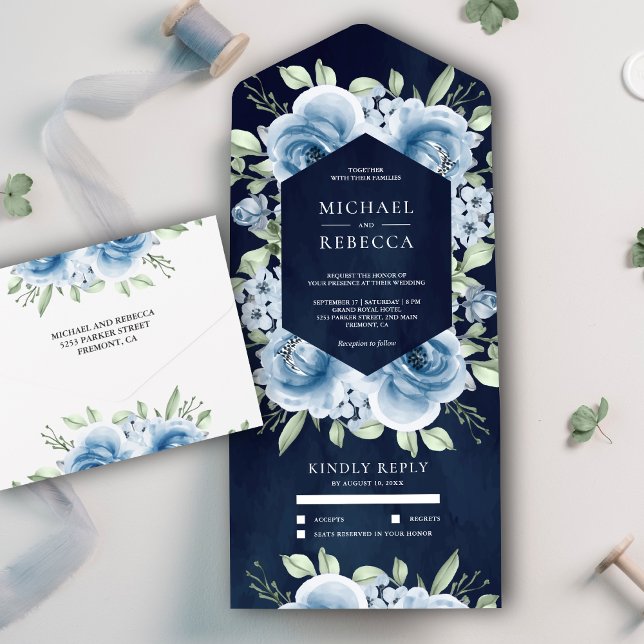 Modern Dusty Blue Floral Bouquet Navy Blue Wedding All In One Invitation (Creator Uploaded)