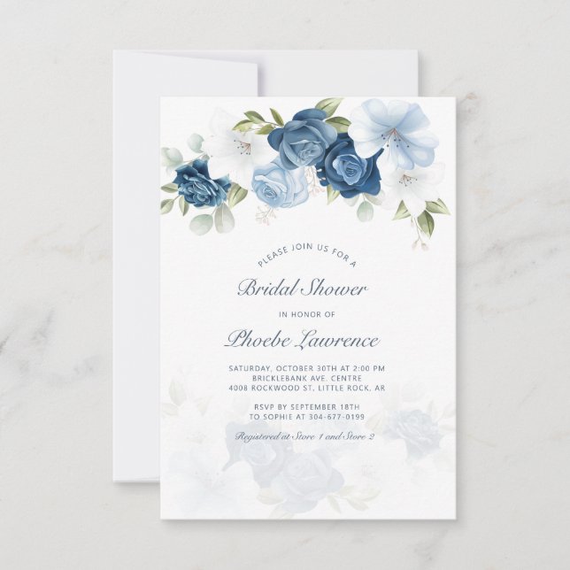 Modern Dusty Blue Floral Bridal Shower Invitation (Front)