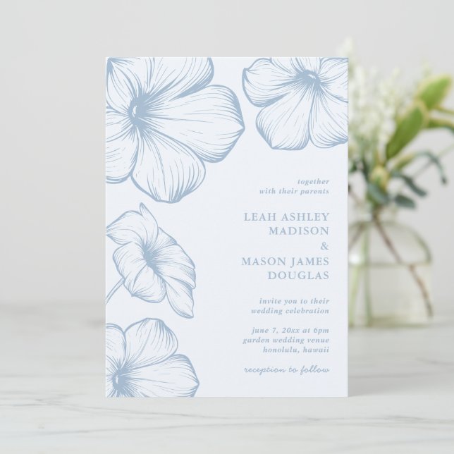 Modern Dusty Blue Floral Elegant Wedding Invitation (Standing Front)