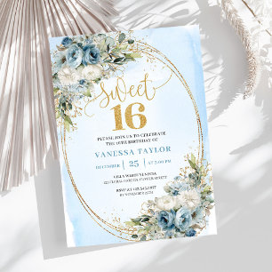 Modern Dusty Blue Floral Gold Sweet Sixteen Invite
