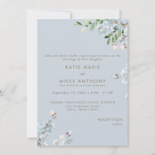 Modern Dusty Blue Floral Greenery Wedding Invitation
