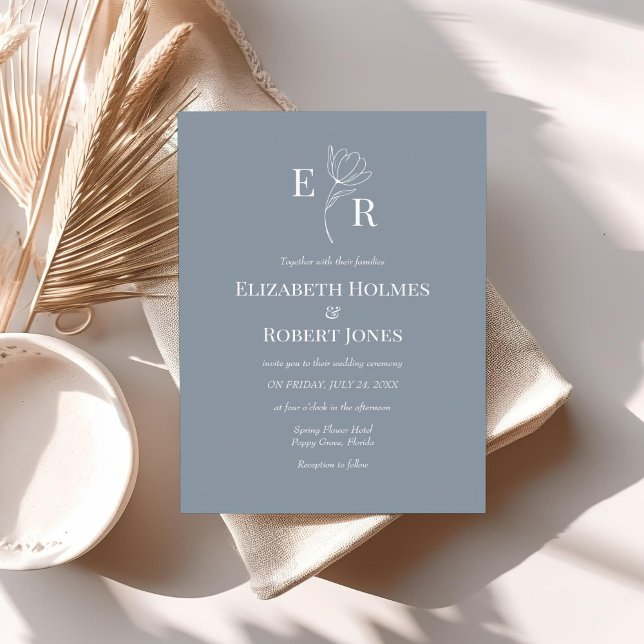 Modern Dusty Blue Floral Monogram Wedding  Invitation (Modern Dusty Blue Floral Monogram Wedding Invitation on a table with neutral boho decor.)