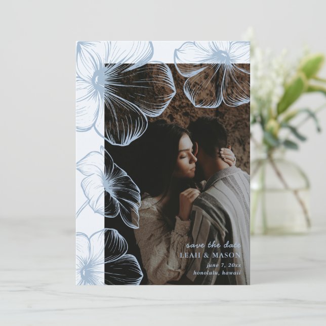 Modern Dusty Blue Floral Photo Elegant Wedding Save The Date (Standing Front)