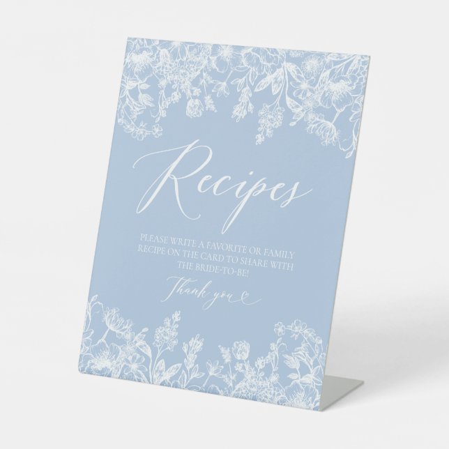 Modern Dusty Blue Floral Recipe Card Bridal Shower Pedestal Sign (Front)