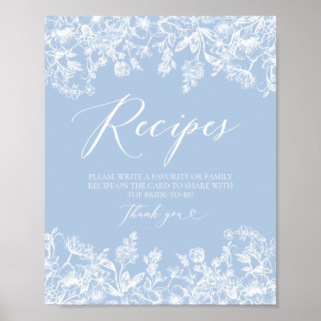 Modern Dusty Blue Floral Recipe Card Bridal Shower Poster (Front)
