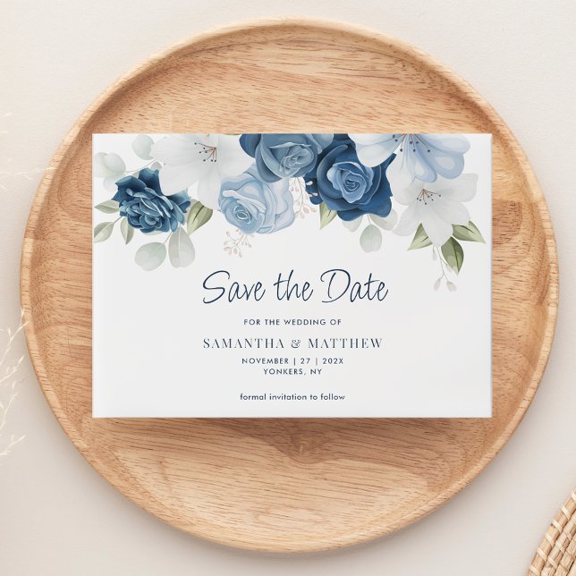 Modern Dusty Blue Floral Save the Date Vellum Invitations (Dusty Blue Floral Wedding Save the Date Vellum Announcement)