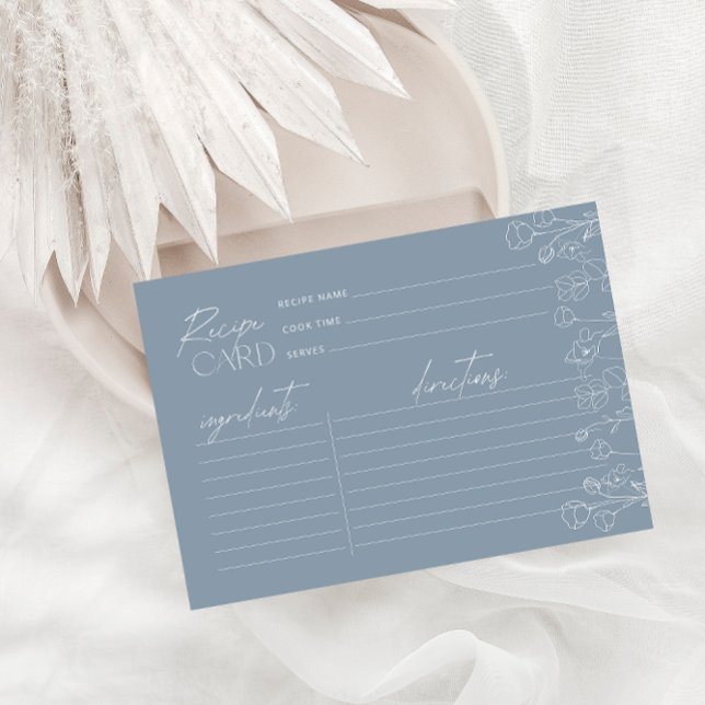 Modern Dusty Blue Floral Script Recipe Card (Creator Uploaded)