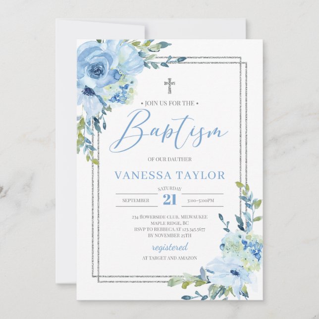 Modern dusty blue floral silver frame boho baptism invitation (Front)
