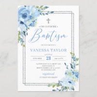Modern dusty blue floral silver frame boho baptism
