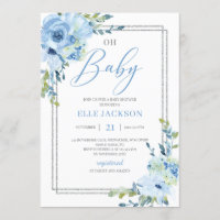 Modern dusty blue floral silver frame oh baby