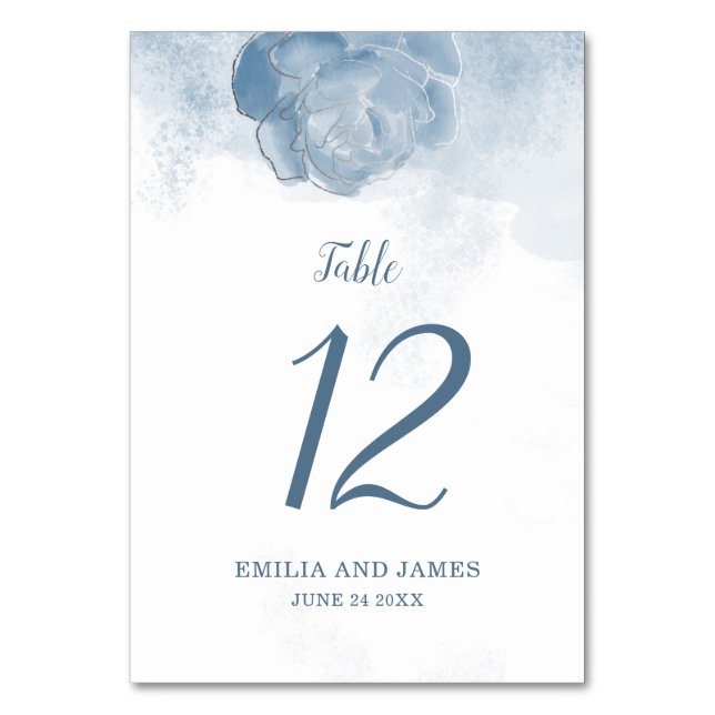 Modern Dusty Blue Floral Table Number (Front)