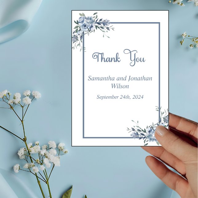 Modern Dusty Blue Floral Thank You Card (Creator Uploaded)