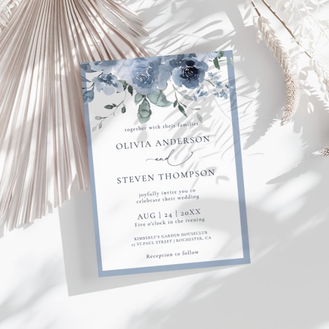Modern Dusty Blue Floral Wedding Invitation (Creator Uploaded)