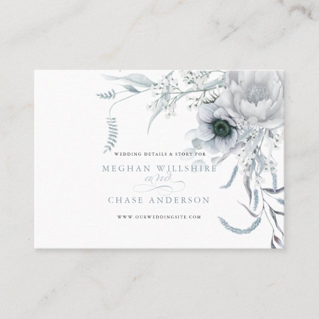 Modern Dusty Blue  Floral Wedding Website Business Card (Front)