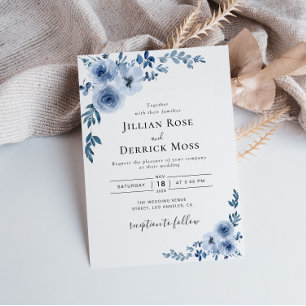 modern dusty blue floral wreath wedding invitation