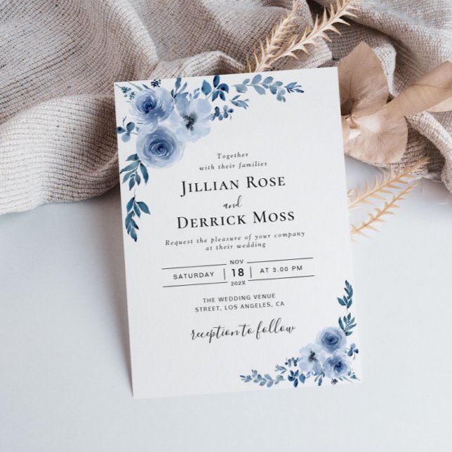 modern dusty blue floral wreath wedding invitation (Creator Uploaded)