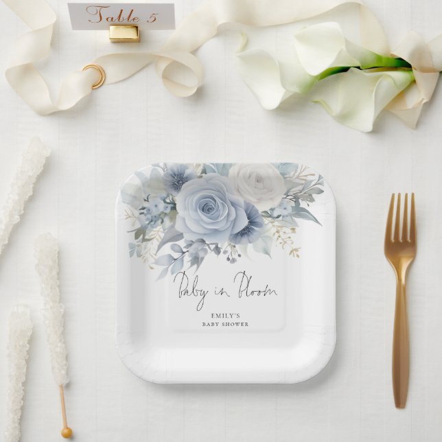 Modern Dusty Blue Florals Baby in Bloom Shower Paper Plate (Wedding)