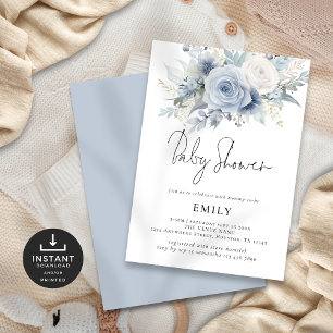 Modern Dusty Blue Florals Baby Shower Invitation