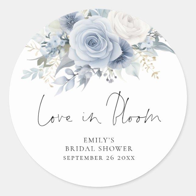 Modern Dusty Blue Florals Love in Bloom Shower Classic Round Sticker (Front)