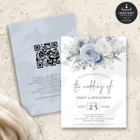 Modern Dusty Blue Florals QR Code Wedding