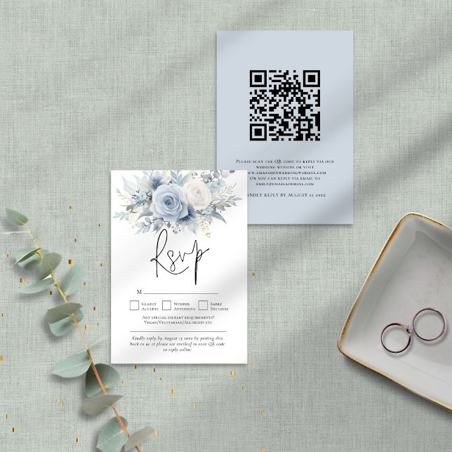 Modern Dusty Blue Florals QR Code Wedding RSVP Card (front and back view)