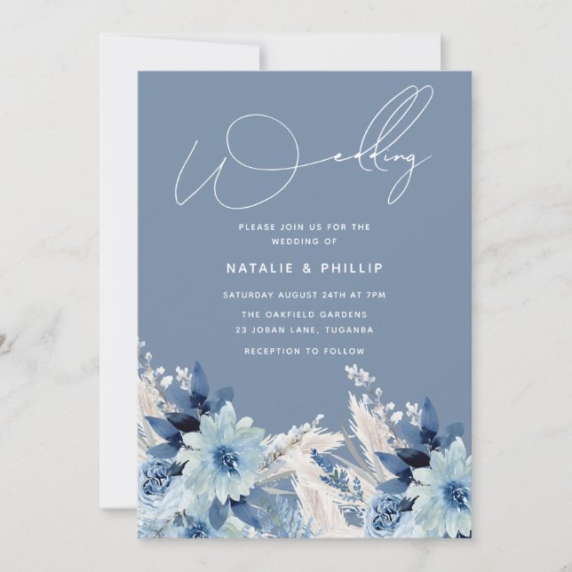 Modern Dusty Blue Flowers Beautiful Wedding Invitation (Front)