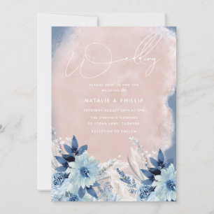 Modern Dusty Blue Flowers Blush Wedding Invitation