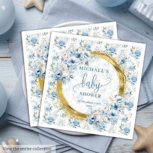 Modern dusty blue flowers gold boy baby shower napkin