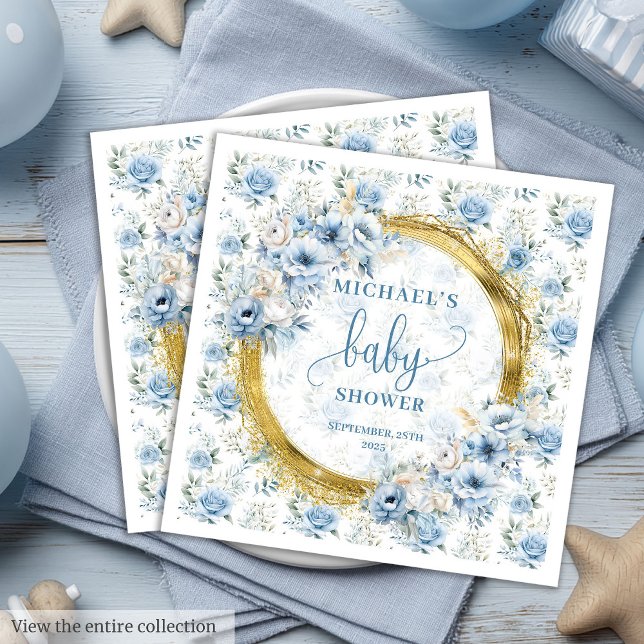 Modern dusty blue flowers gold boy baby shower   napkin (Modern dusty blue flowers gold boy baby shower Paper Dinner Napkins)