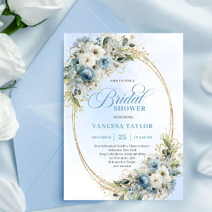 Modern Dusty Blue Flowers Gold Frame Bridal Shower Invitation