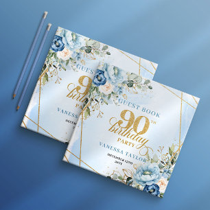 Modern Dusty Blue Flowers Script 90th Birthday Guest Book