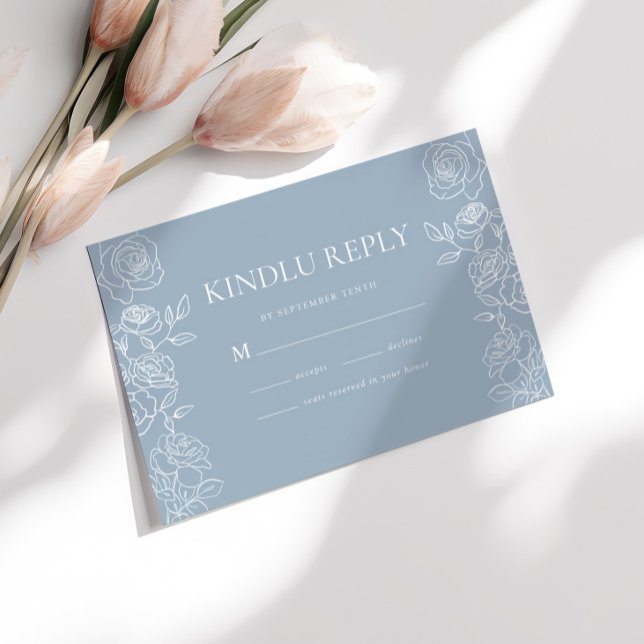 Modern Dusty Blue French Roses Wedding RSVP Card (Creator Uploaded)