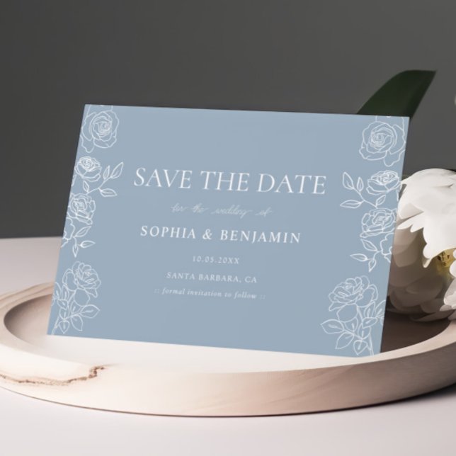 Modern Dusty Blue French Roses Wedding Save The Date (Creator Uploaded)