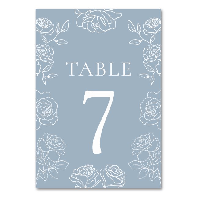 Modern Dusty Blue French Roses Wedding Table Number (Front)