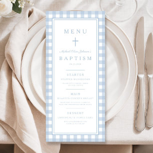 Modern Dusty Blue Gingham Boy Baptism Menu
