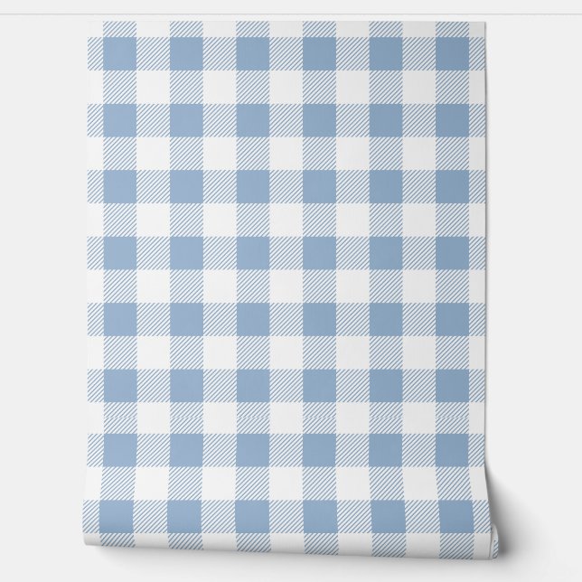 Modern Dusty Blue Gingham Checks  Wallpaper (Unrolling)