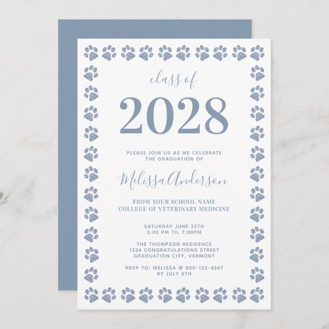 Modern Dusty Blue Glitter Paw Prints Graduation Invitation (Front/Back)