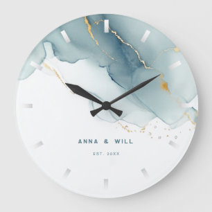 Modern Dusty Blue Gold Beach Wedding Anniversary Large Clock