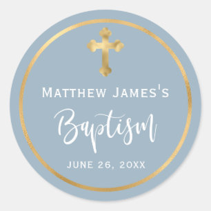 Modern Dusty Blue Gold Cross Boy Baptism  Classic Round Sticker