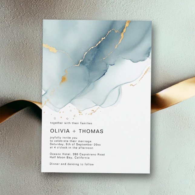 Modern Dusty Blue Gold Ocean Waves Beach Wedding Invitation (dusty blue gold beach wedding invitation elegant bohemian modern romantic boho chic ocean waves)