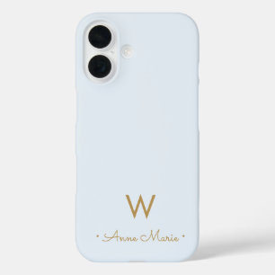 Modern Dusty Blue Gold Script Monogram iPhone 16 Case