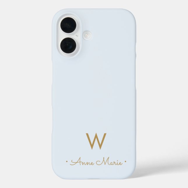 Modern Dusty Blue Gold Script Monogram Case-Mate iPhone Case (Back)