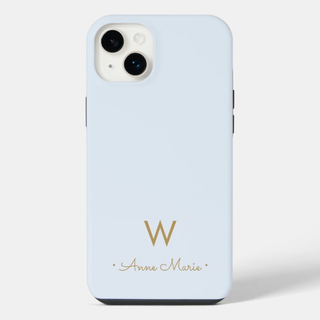 Modern Dusty Blue Gold Script Monogram iPhone Case (Back)