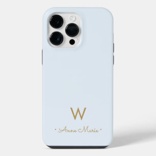 Modern Dusty Blue Gold Script Monogram iPhone 14 Pro Max Case
