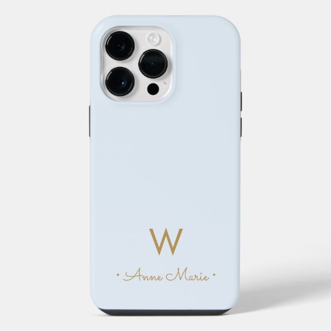 Modern Dusty Blue Gold Script Monogram iPhone Case (Back)