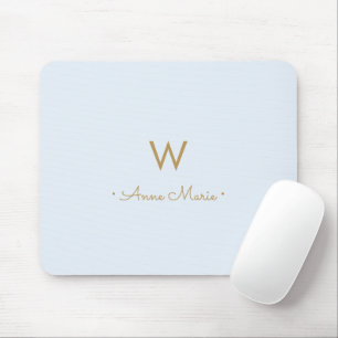 Modern Dusty Blue Gold Script Monogram Mouse Mat