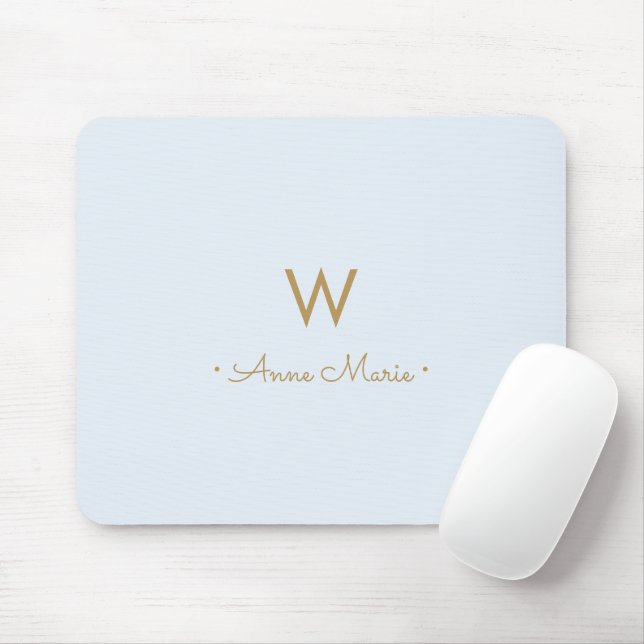 Modern Dusty Blue Gold Script Monogram Mouse Mat (With Mouse)