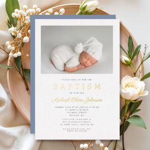 Modern Dusty Blue Gold Script Photo Boy Baptism