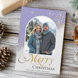 Modern Dusty Blue Gold Sparkle Christmas Photo Holiday Card